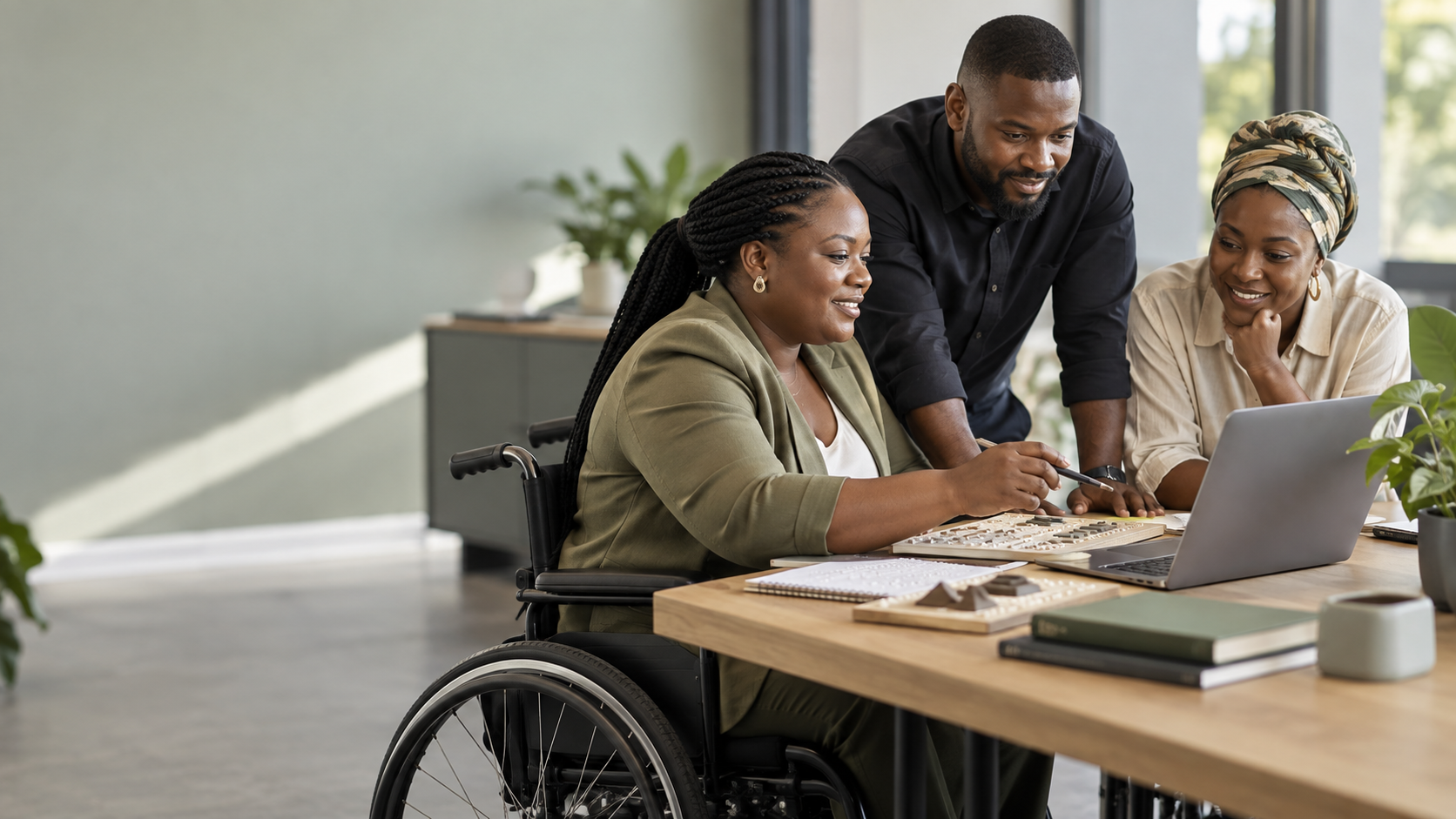 Disabled learner collaborating with colleagues in an accessible training space