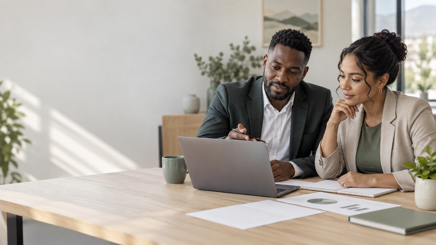 Skills development consultant and client reviewing a workplace plan