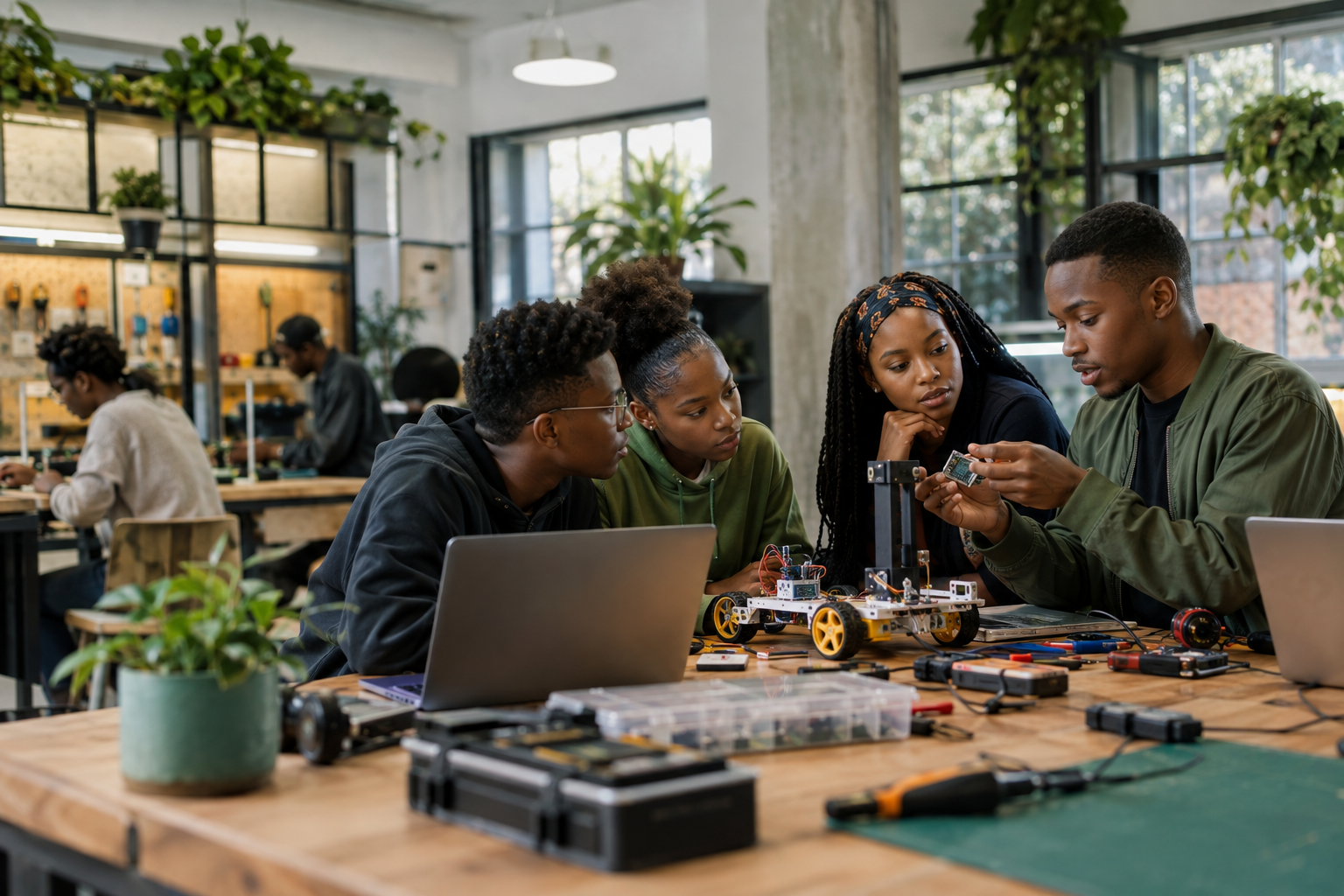 Young people collaborating with technology in a learning lab